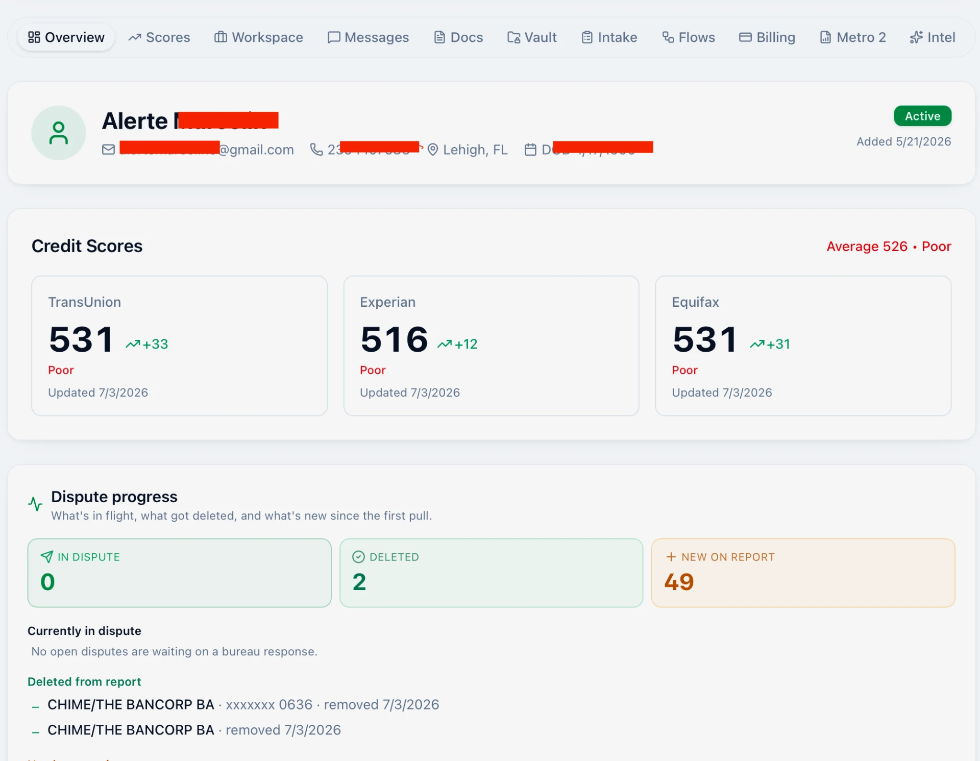 Client credit result: All 3 bureaus up — 2 items deleted